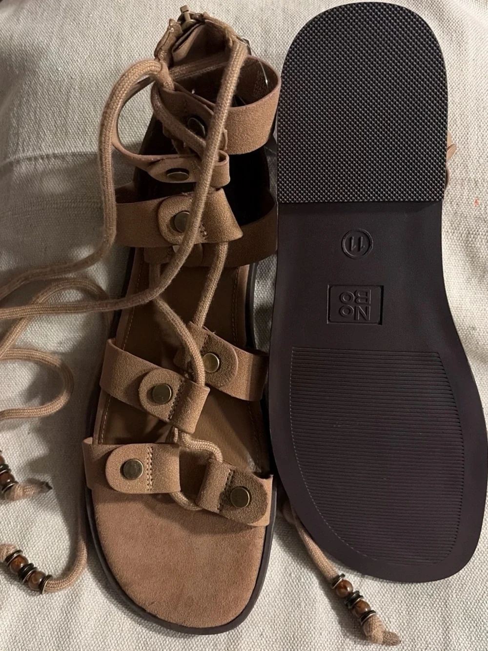 No Boundaries Tan Lace-Up Gladiator Sandals with Stud Accents